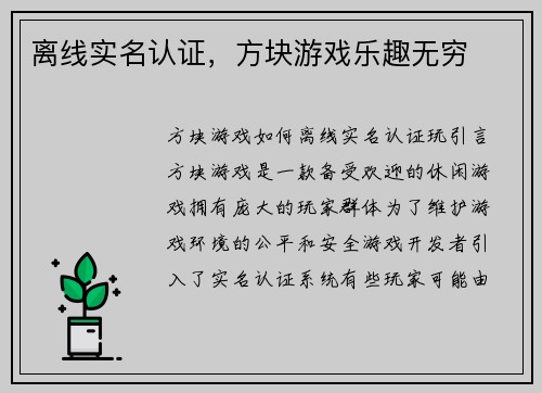 离线实名认证，方块游戏乐趣无穷